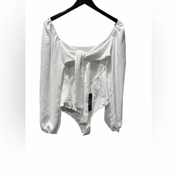 Lulus Abundance of Love White Textured Long Sleeve Tie-Back Bodysuit Small NEW - Picture 4 of 4